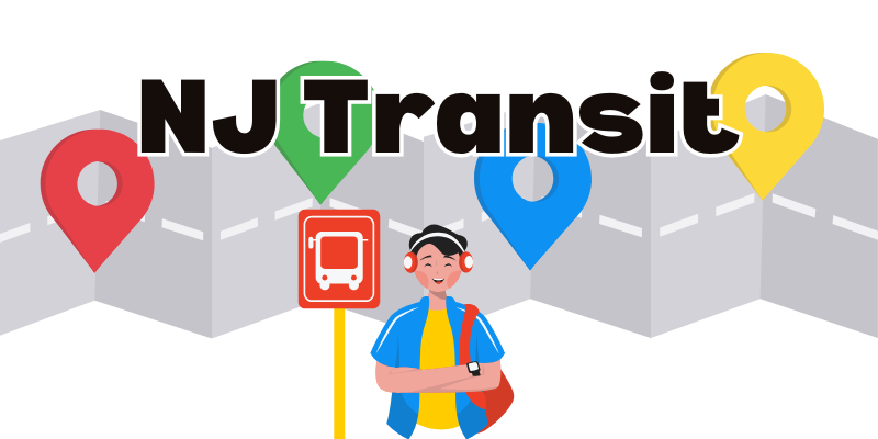 NJ Transit. Boy standing next to bus sign. Road with destination markers.