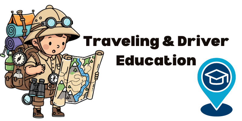 Traveler & Driver Education. A boy with travel equipment looking at map. A destination marker with graduation cap.