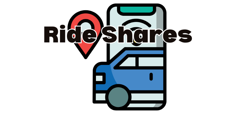 Ride Shares. Showing phone with image of car and destination marker.