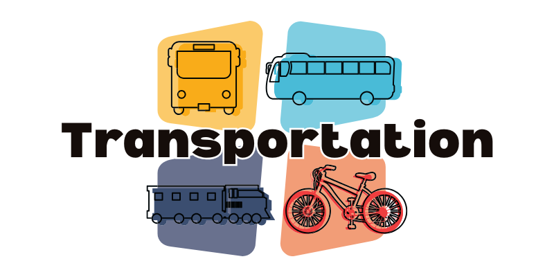 Transportation. Showing train, bus, trolley, and bike
