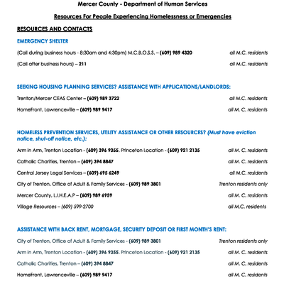 Mercer County Resources for People Experiencing Homelessness or Emergencies
